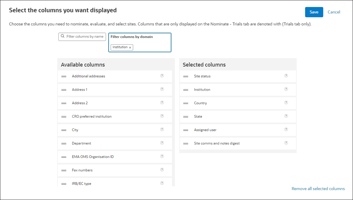 Site grid column selector page