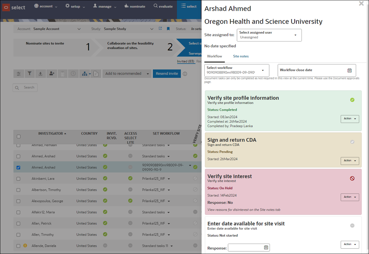 Site grid drawer showing tasks in the Workflow tab