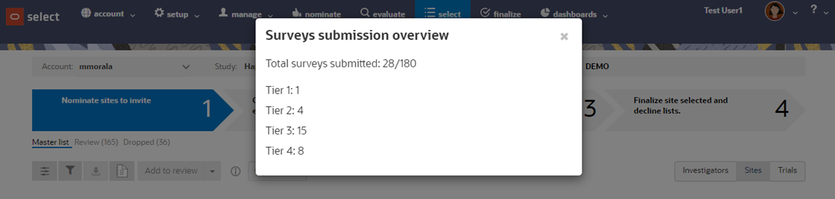 Survey submission overview modal shows total submitted surveys and surveys