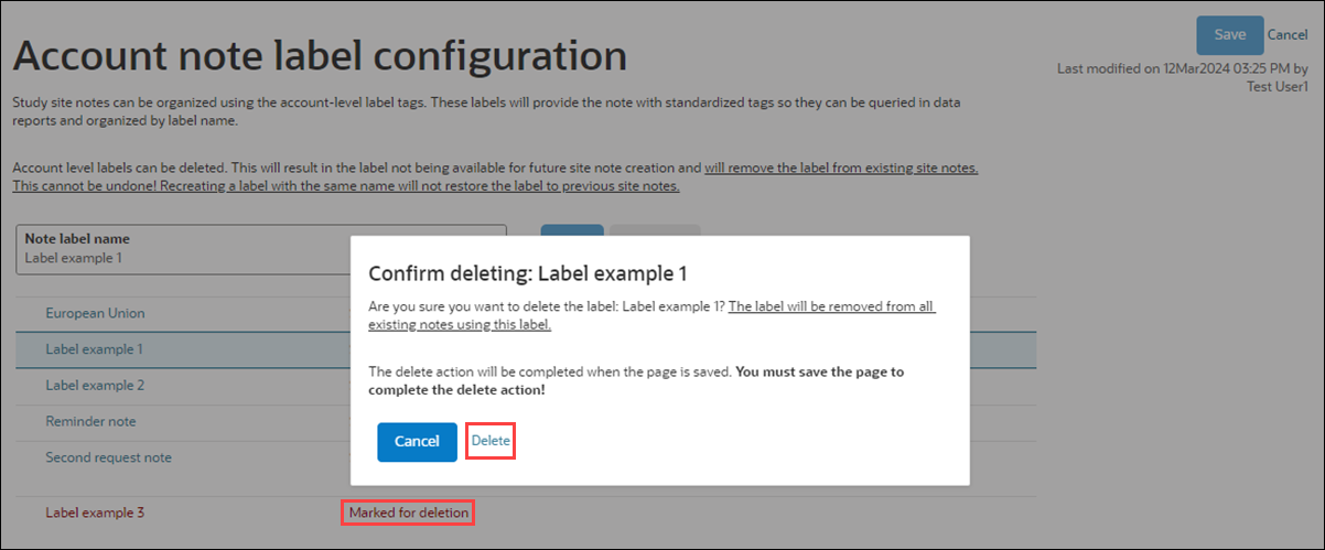 Account level note label configuration page with label deletion confirmation