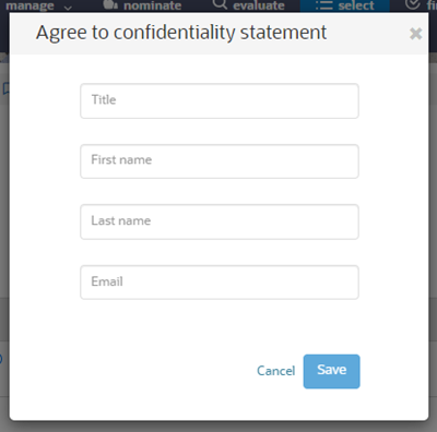 Agree to confidentiality statement modal with Title, First name, Last name, and Email fields Agree to confidentiality statement modal with Title, First name, Last name, and Email fields