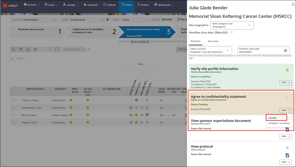 Complete the Agree to confidentiality statement task on the site grid drawer Workflow tab Complete the Agree to confidentiality statement task on the site grid drawer Workflow tab