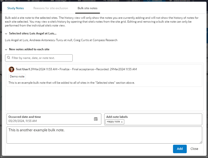 Bulk site notes tab in enhanced Study and Site note modal