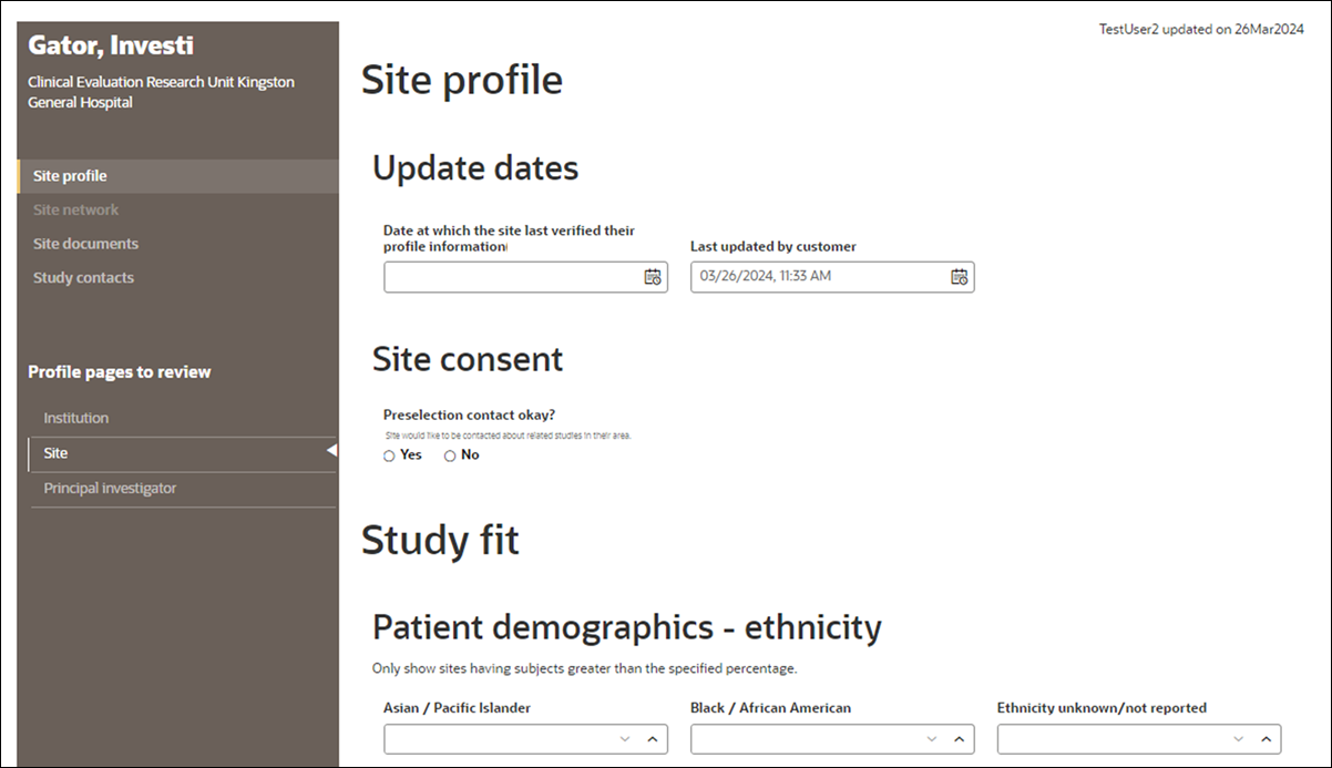 Configurable site profile Site page showing field labels displayed above input fields Configurable site profile Site page showing field labels displayed above input fields