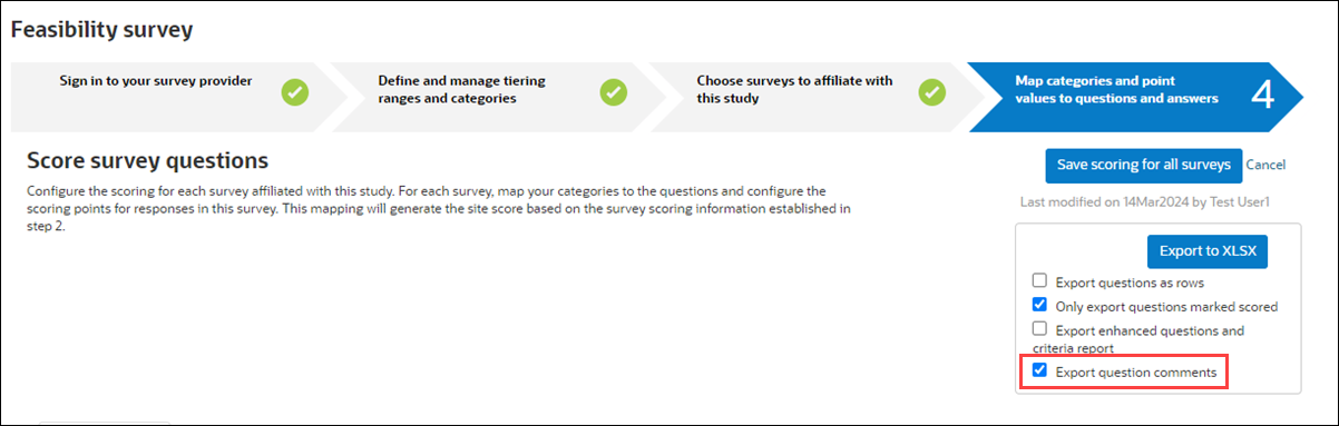 Survey configuration export options include a new Export question with comments check box