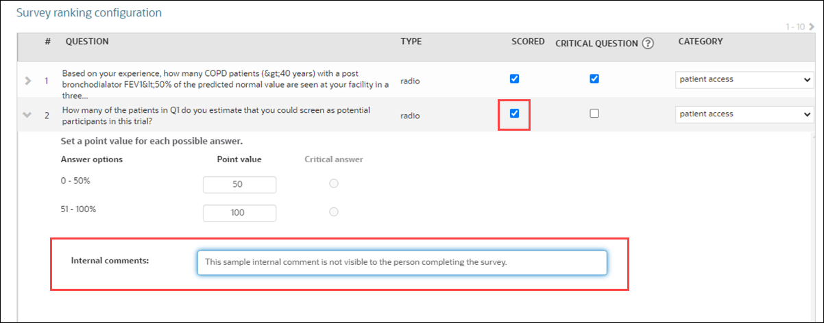 Feasibility survey question internal comment field
