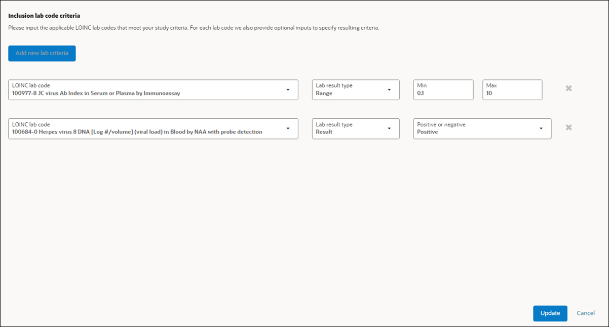 Inclusion lab code criteria modal where you can input applicable LOINC lab codes Inclusion lab code criteria modal where you can input applicable LOINC lab codes