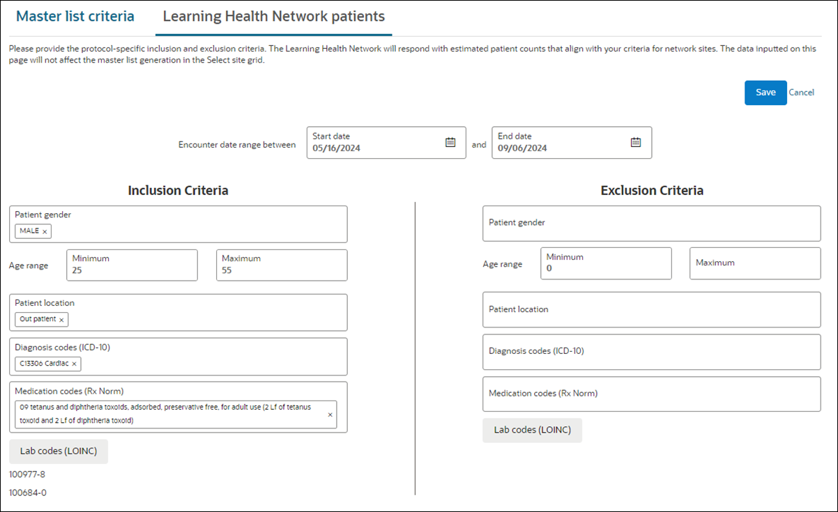 Learning Health Network patients tab with updated Diagnosis, Lab, and Medication code selection fields Learning Health Network patients tab with updated Diagnosis, Lab, and Medication code selection fields
