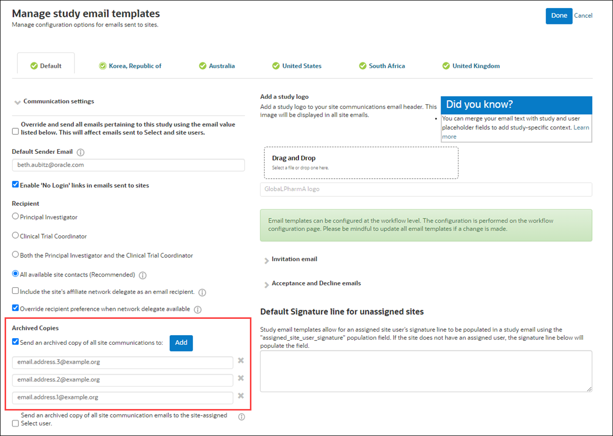 Email address control allows for multiple email addresses for archived copies of study emails Email address control allows for multiple email addresses for archived copies of study emails