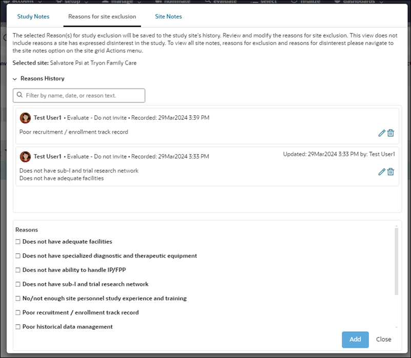 Reasons for site exclusion site note tab showing note history and edit and delete options