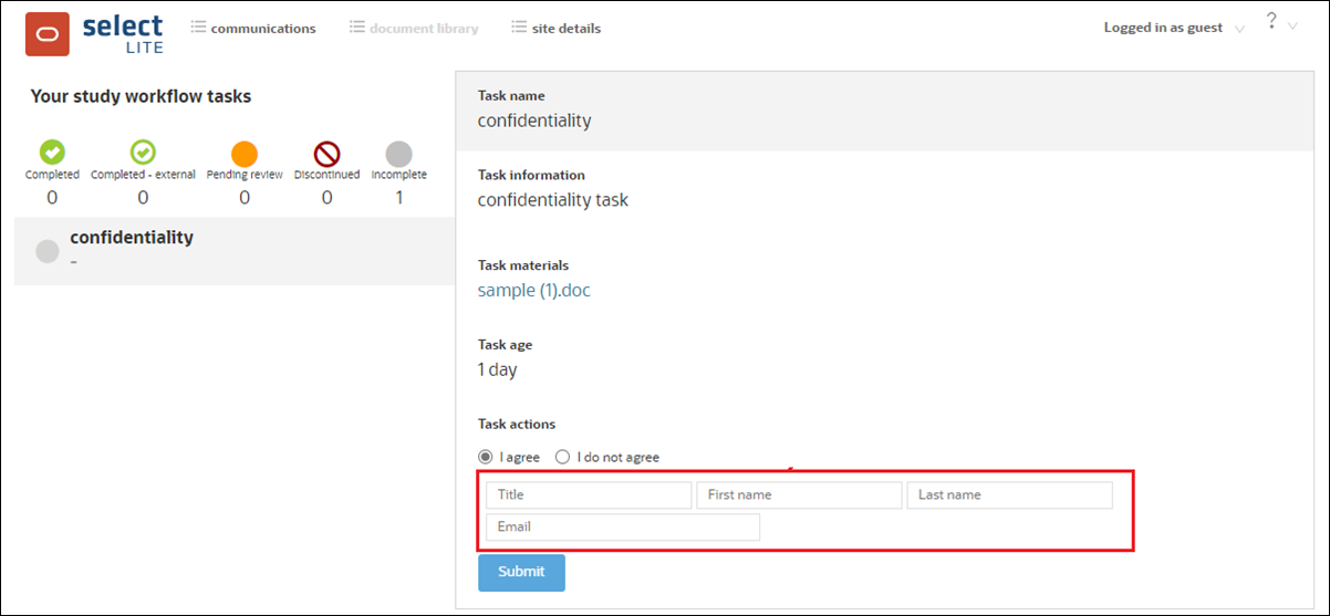 Oracle Site Select LITE Agree to Confidentiality statement task showing unpopulated required fields and disabled Submit button Oracle Site Select LITE Agree to Confidentiality statement task showing unpopulated required fields and disabled Submit button