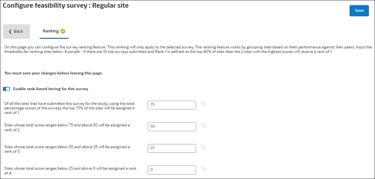 Configure feasibility survey rank-based tiering