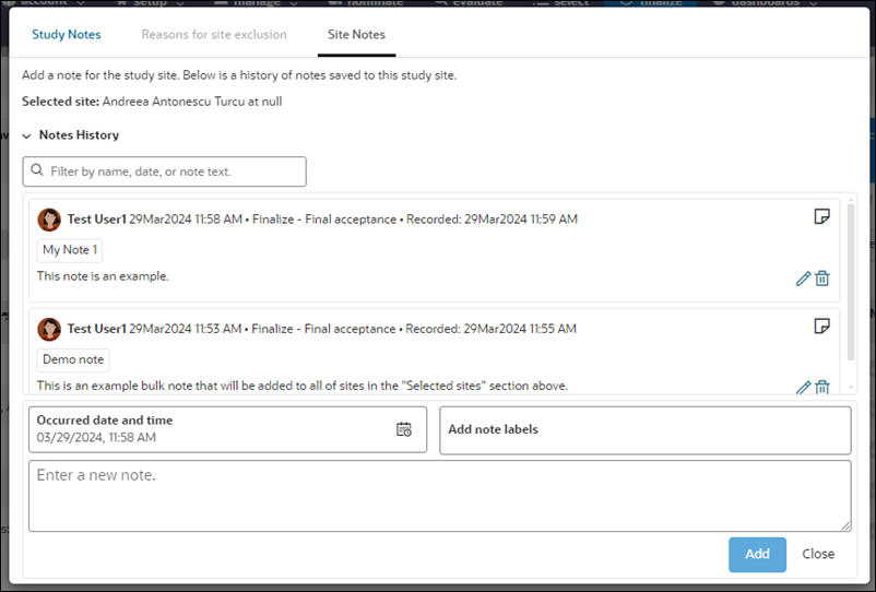 View notes on the Site Notes tab in the Study Site notes modal