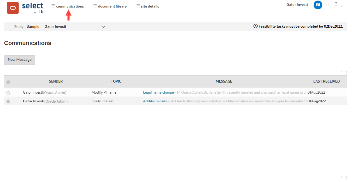 Communications tab Communications tab
