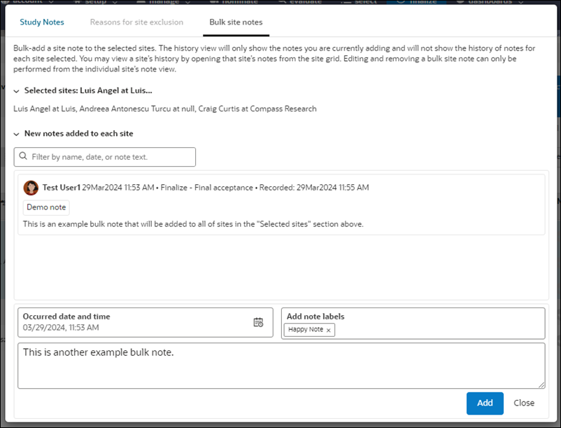 Bulk site notes tab in Study and Site note modal