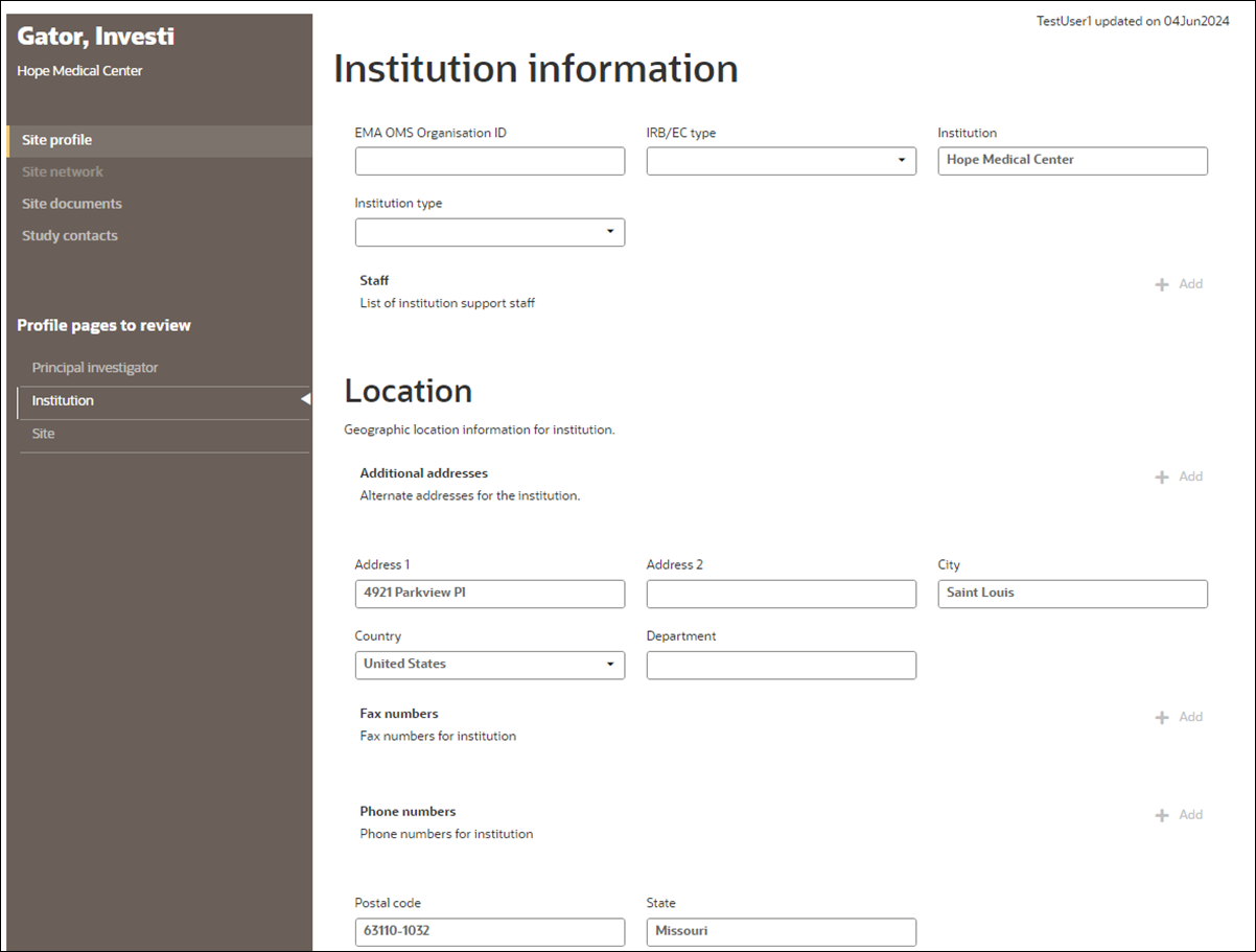 Configurable Site Profile showing Institution information page