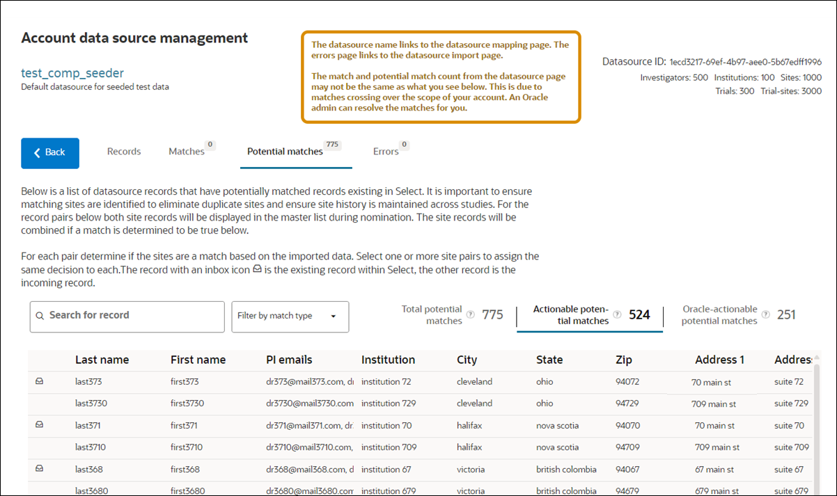 Datasource potential matches tab Datasource potential matches tab