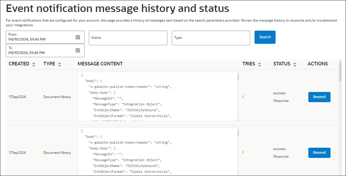 Event message history and status page Event message history and status page