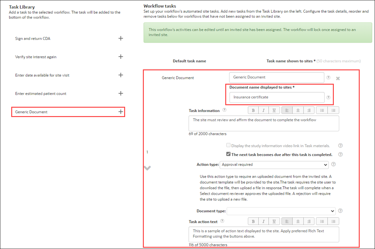 Generic document workflow task settings