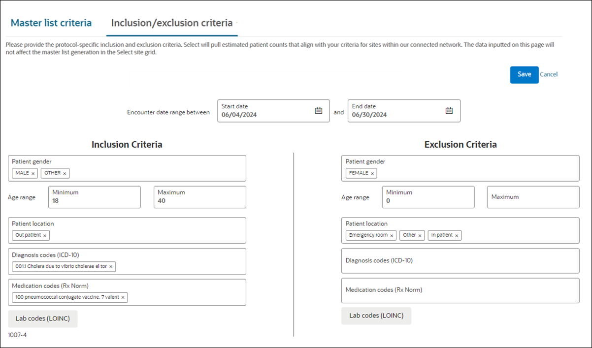 Learning Health Network patient inclusion exclusion tab in study setup
