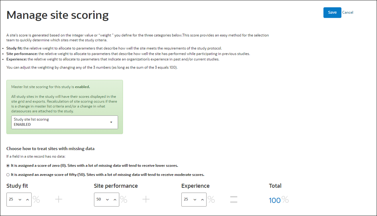 Managing site scoring parameters