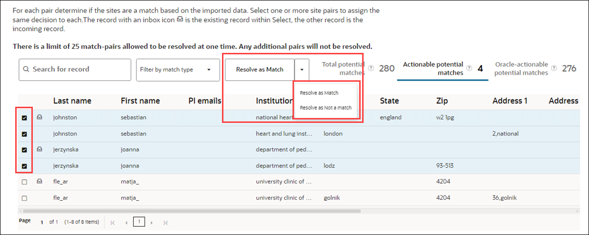 Potential match grid showing selected records and Resolve as Match action button Potential match grid showing selected records and Resolve as Match action button