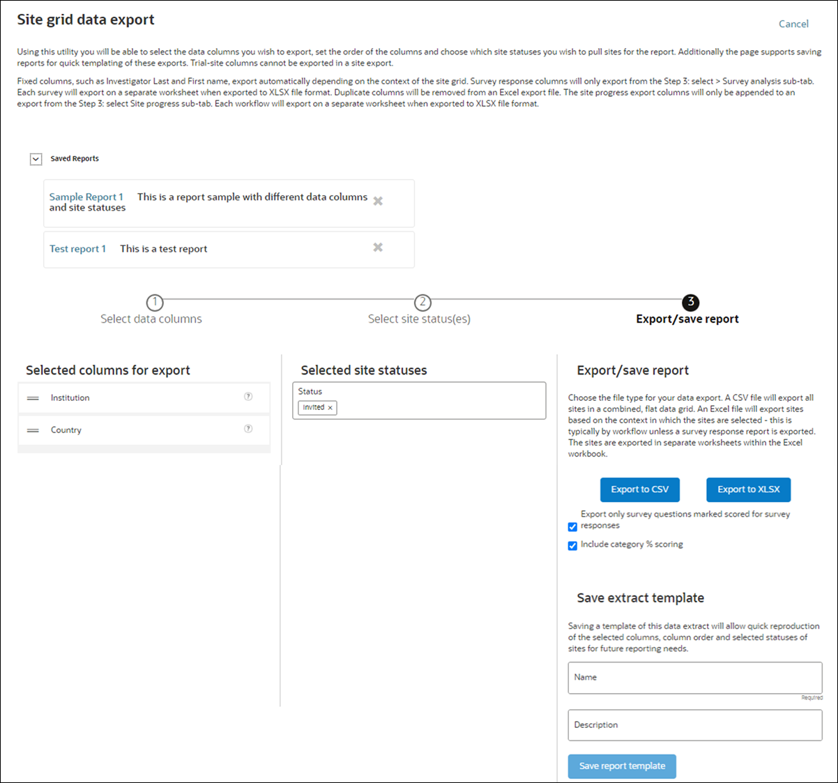Site grid data export page