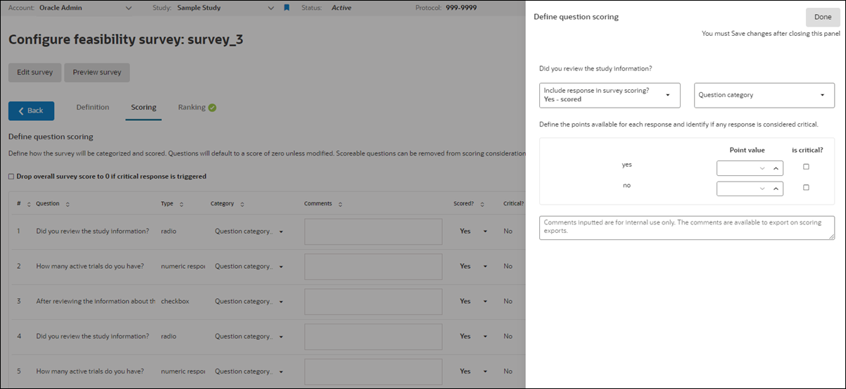 Define question scoring tab with open scoring settings drawer