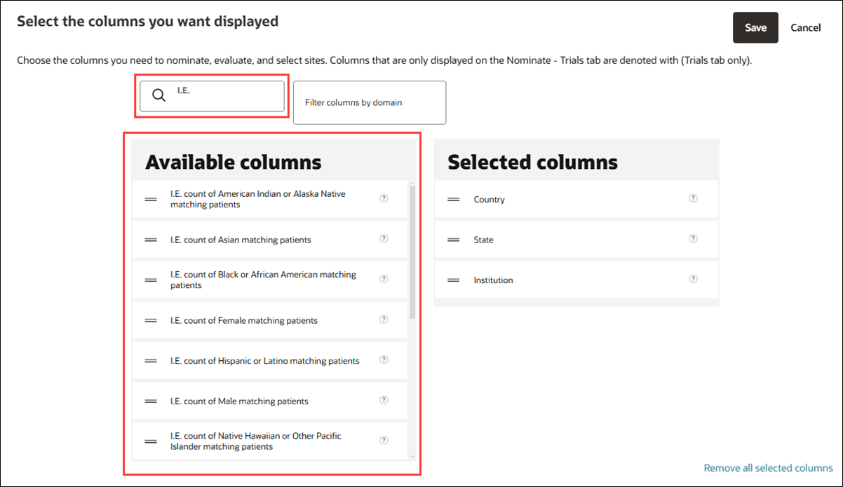 Inclusion Exclusion criteria count columns in the site grid column selection page