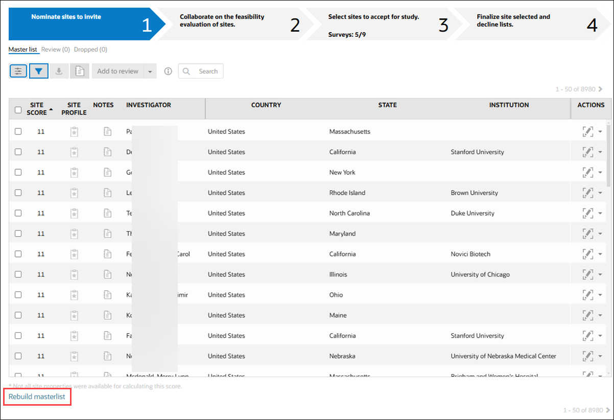 Rebuild masterlist link displayed below the site grid Rebuild masterlist link displayed below the site grid