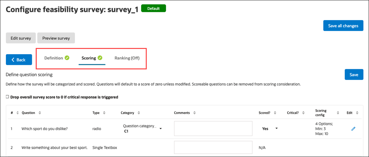 Fully configured feasibility survey has check marks on the Definition and Scoring tabs showing indicating they are configured and saved