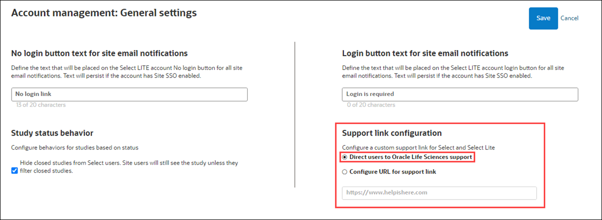 Account general settings page with text update under the Support link configuration section Account general settings page with text update under the Support link configuration section
