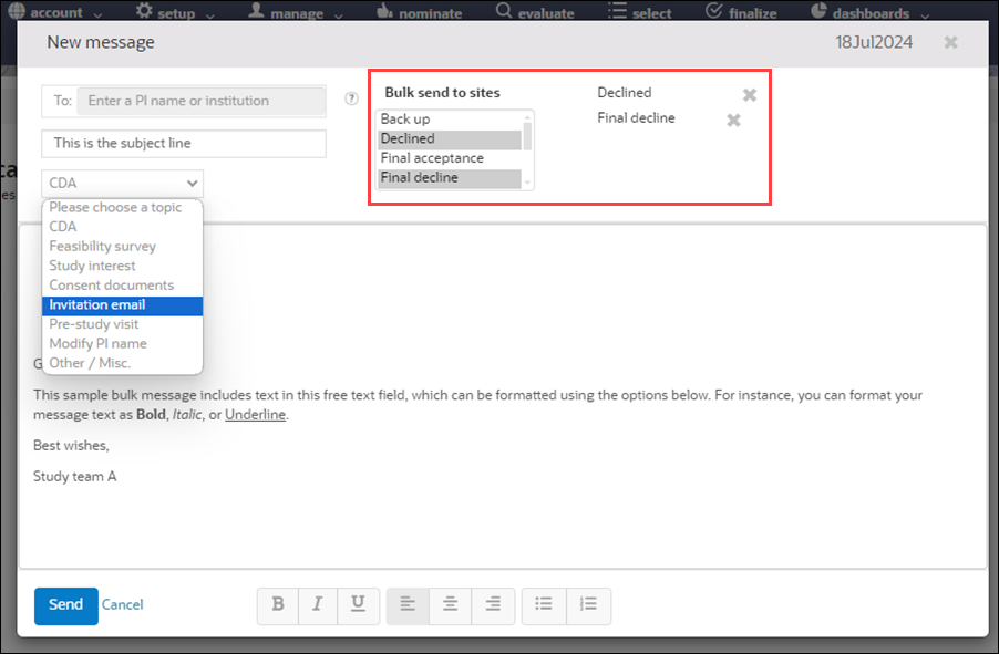 New message modal with Bulk send to site section to choose one or more post-invitation bucket states New message modal with Bulk send to site section to choose one or more post-invitation bucket states