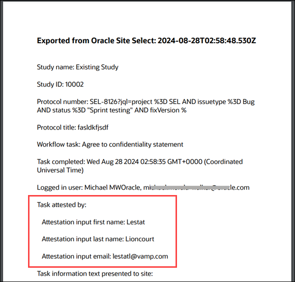 Document attestation export includes the attestor's information as provided to complete the Agree to confidentiality statement task Document attestation export includes the attestor's information as provided to complete the Agree to confidentiality statement task