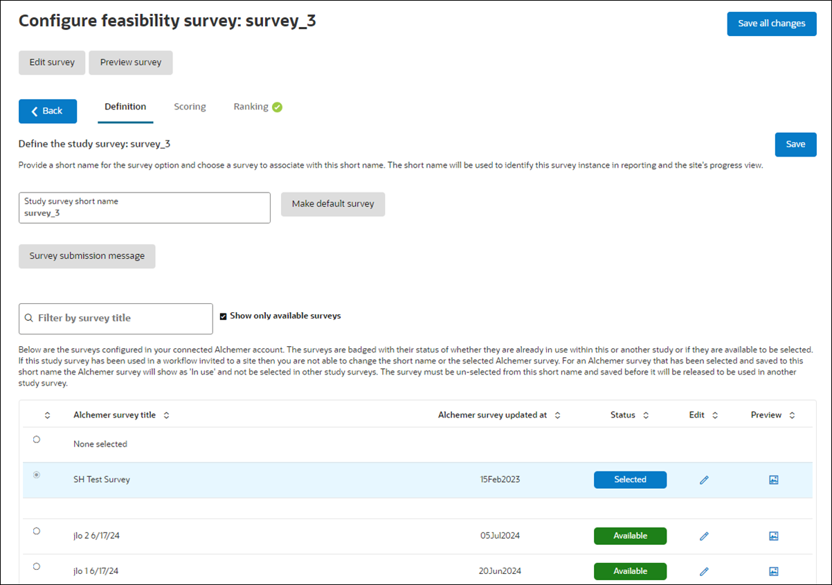 Configure feasibility survey page showing the Definition tab Configure feasibility survey page showing the Definition tab
