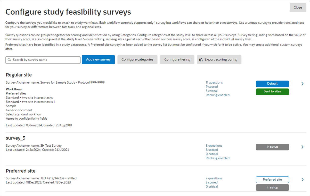 New Configure study feasibility surveys page lists surveys saved for the study with links to study level category, tiering, and export settings New Configure study feasibility surveys page lists surveys saved for the study with links to study level category, tiering, and export settings