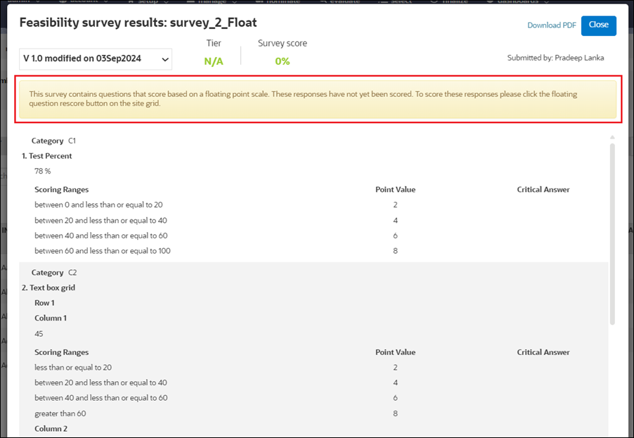 Survey results modal showing warning text Survey results modal showing warning text