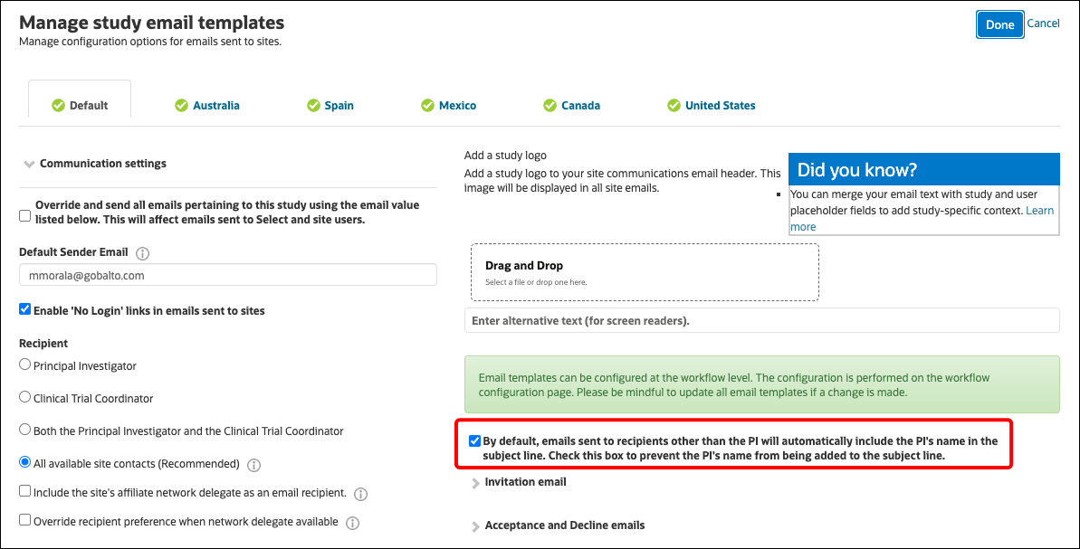 New check box option to prevent adding PI name to email subject line New check box option to prevent adding PI name to email subject line