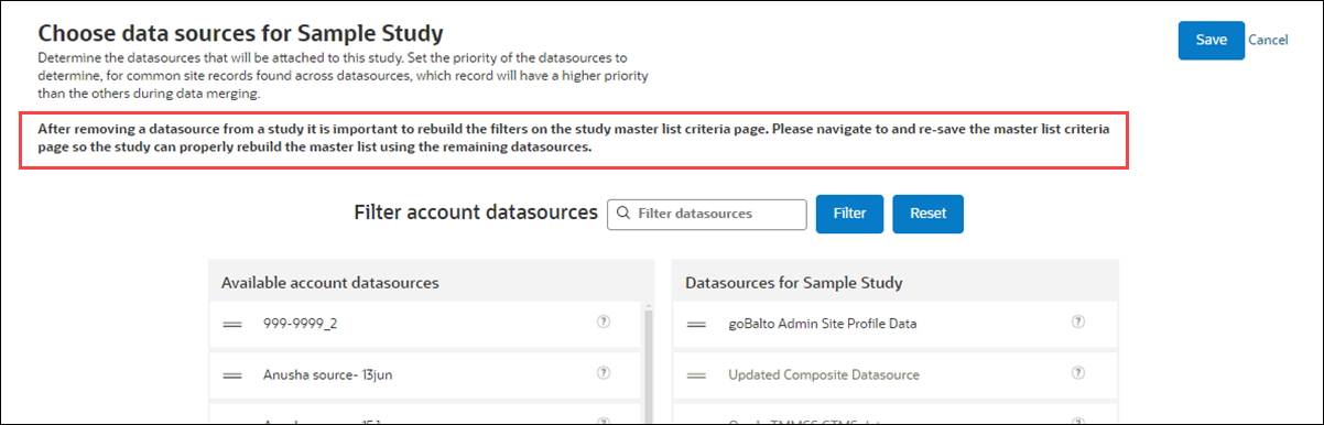 New helper text on study datasource selection page advises you to rebuild filters on the master list criteria page after changing a study's datasources New helper text on study datasource selection page advises you to rebuild filters on the master list criteria page after changing a study's datasources