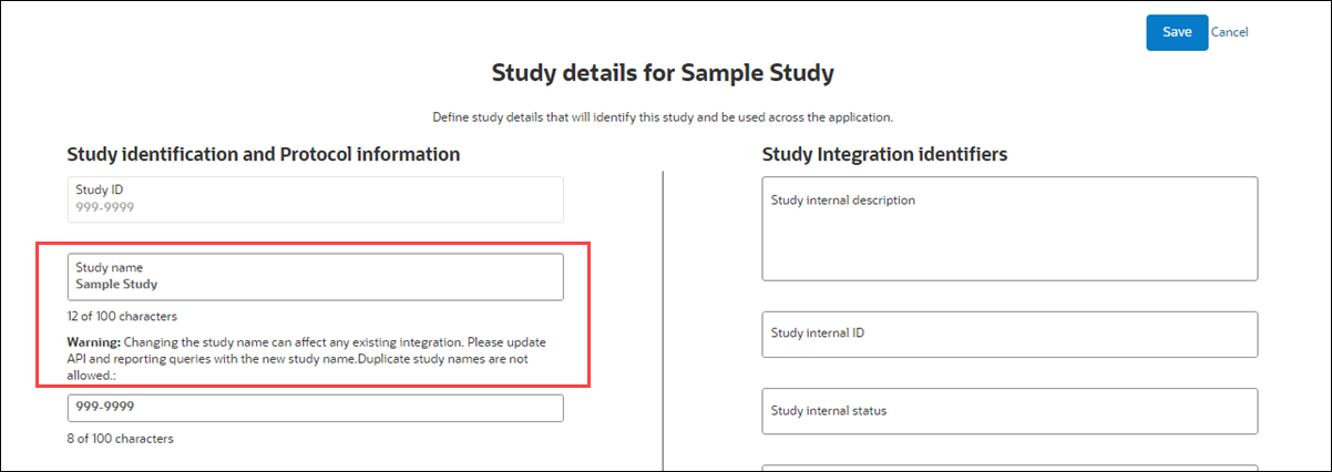 New Study name field on the Study details page New Study name field on the Study details page