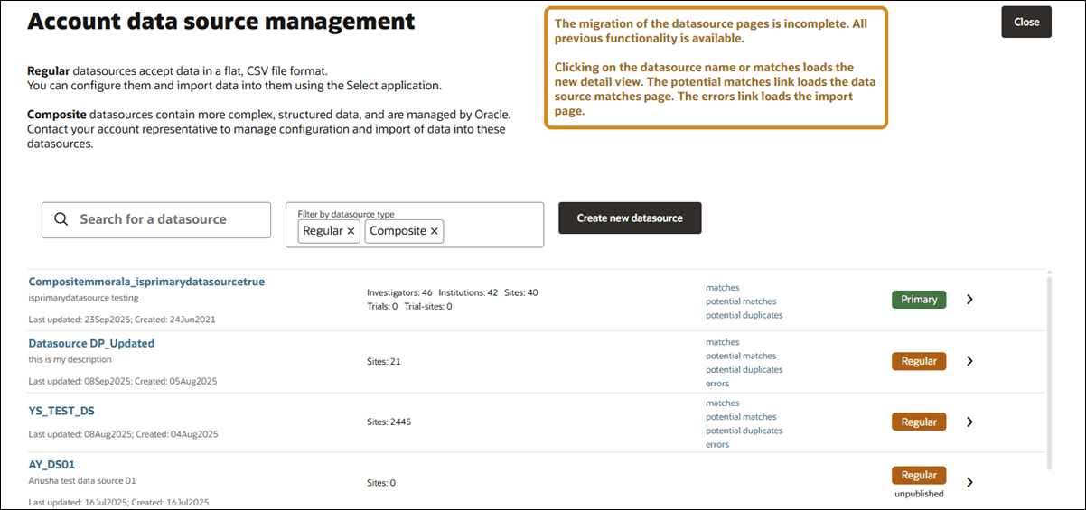 Account data source management page showing options to create a new data source or access saved data sources