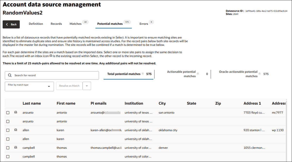 Account datasource Potential matches tab