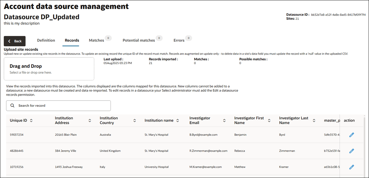 Account datasource Records tab