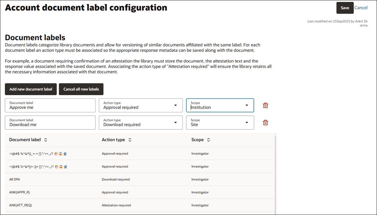 Account library document label configuration page Account library document label configuration page