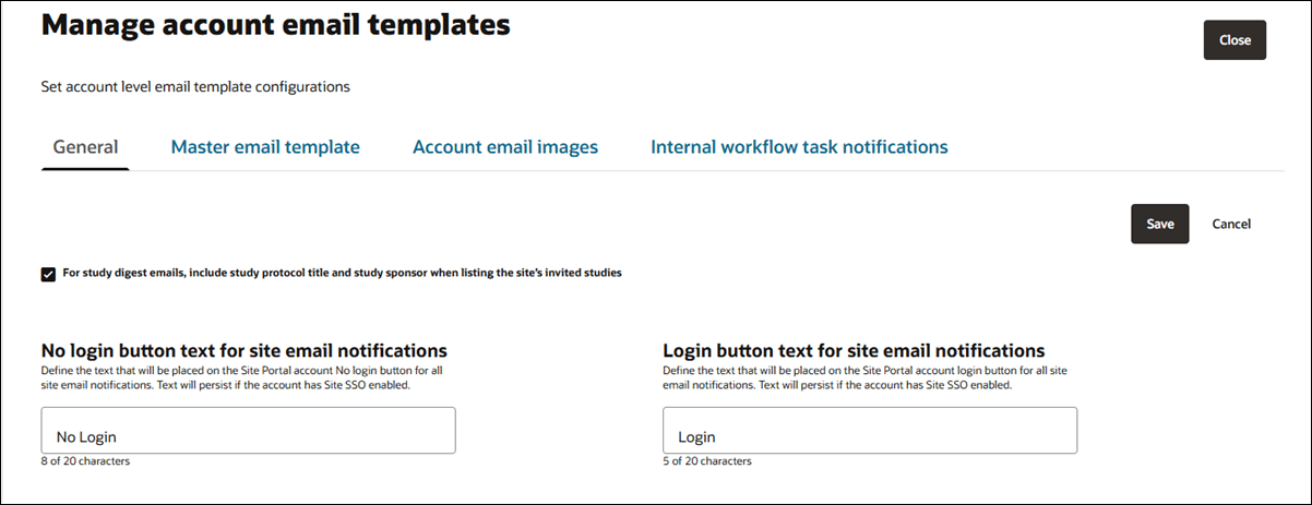 Manage account email templates page General tab Manage account email templates page General tab
