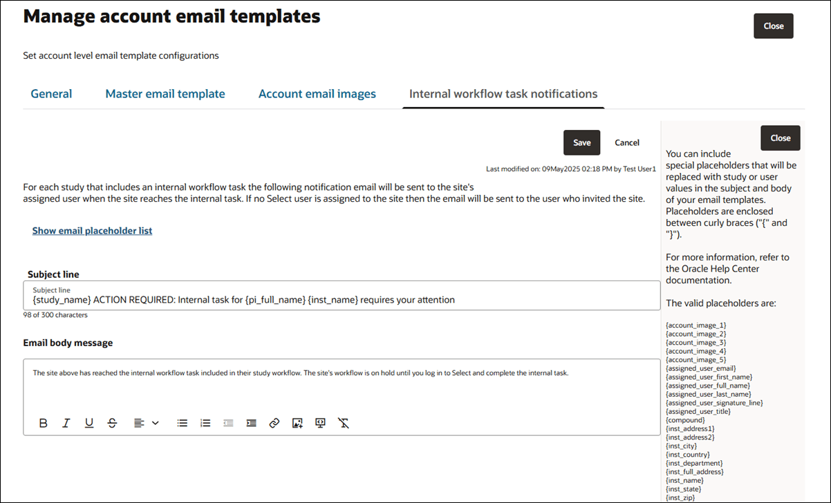 Internal workflow task notifications tab with open email placeholder drawer at right Internal workflow task notifications tab with open email placeholder drawer at right
