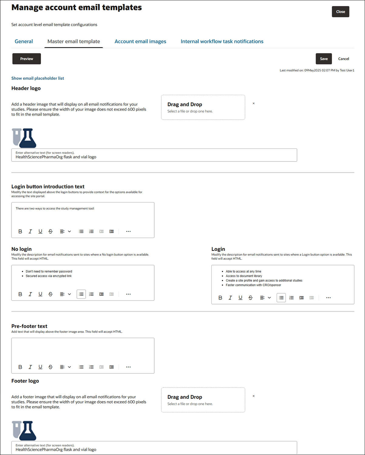 Master email template tab Master email template tab