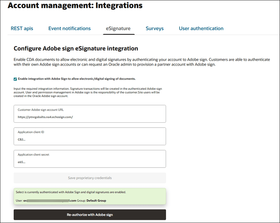 Account eSignature configuration page Account eSignature configuration page