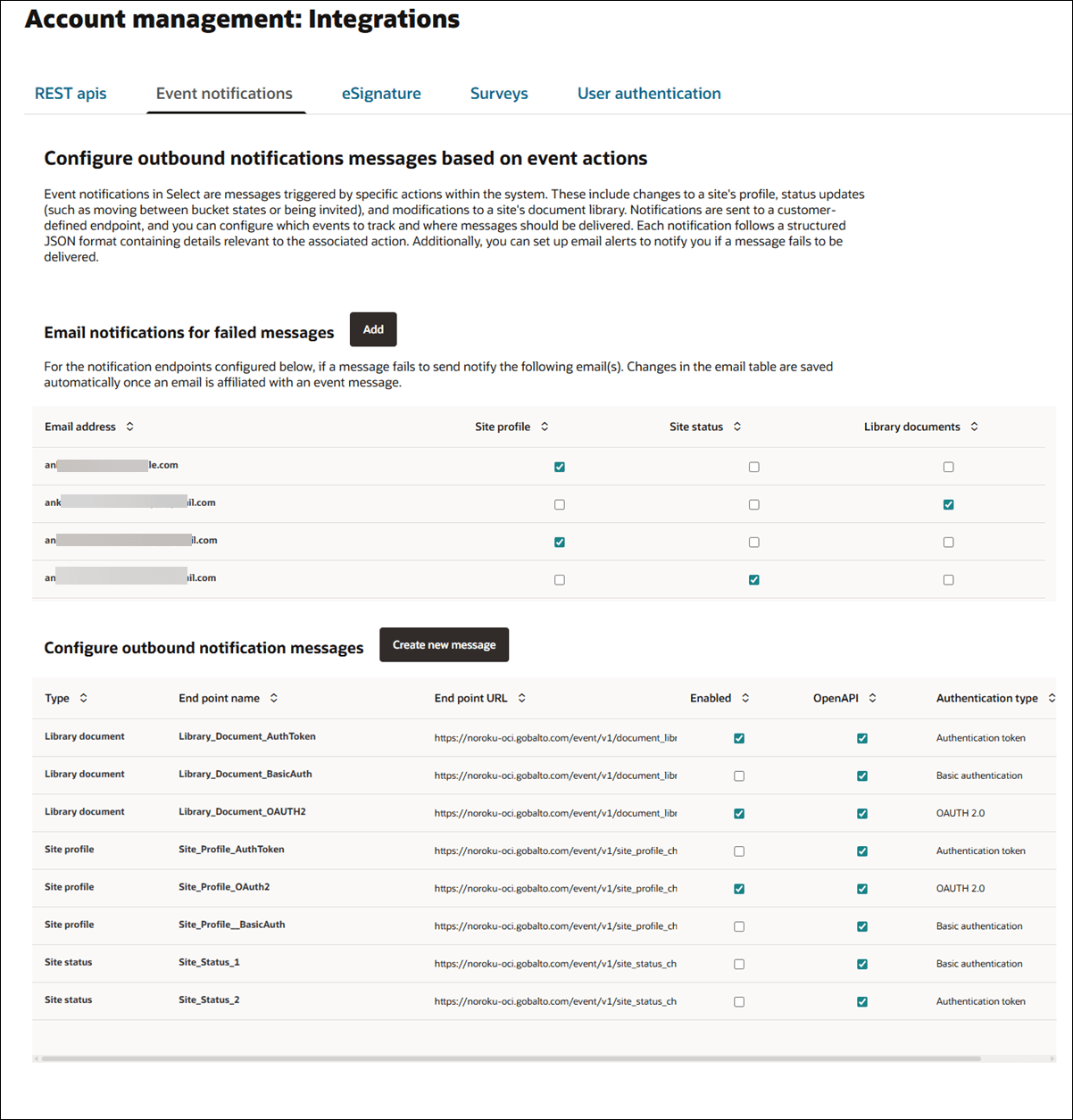 Account event notifications tab in Account integrations area Account event notifications tab in Account integrations area