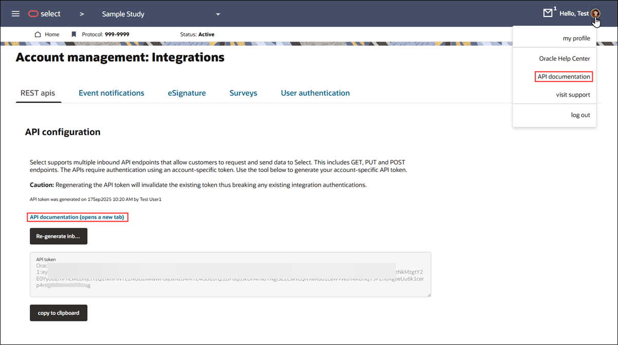 Account management page with API documentation links Account management page with API documentation links